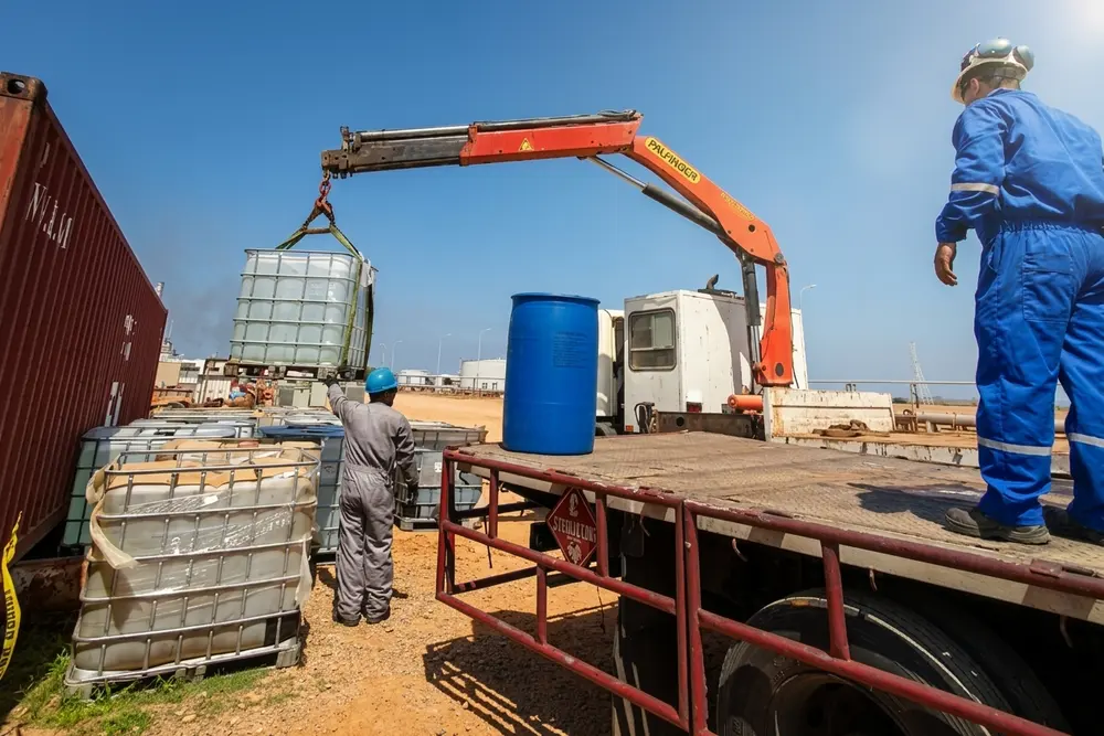 Camión con brazo hidráulico cargando contenedores de químicos